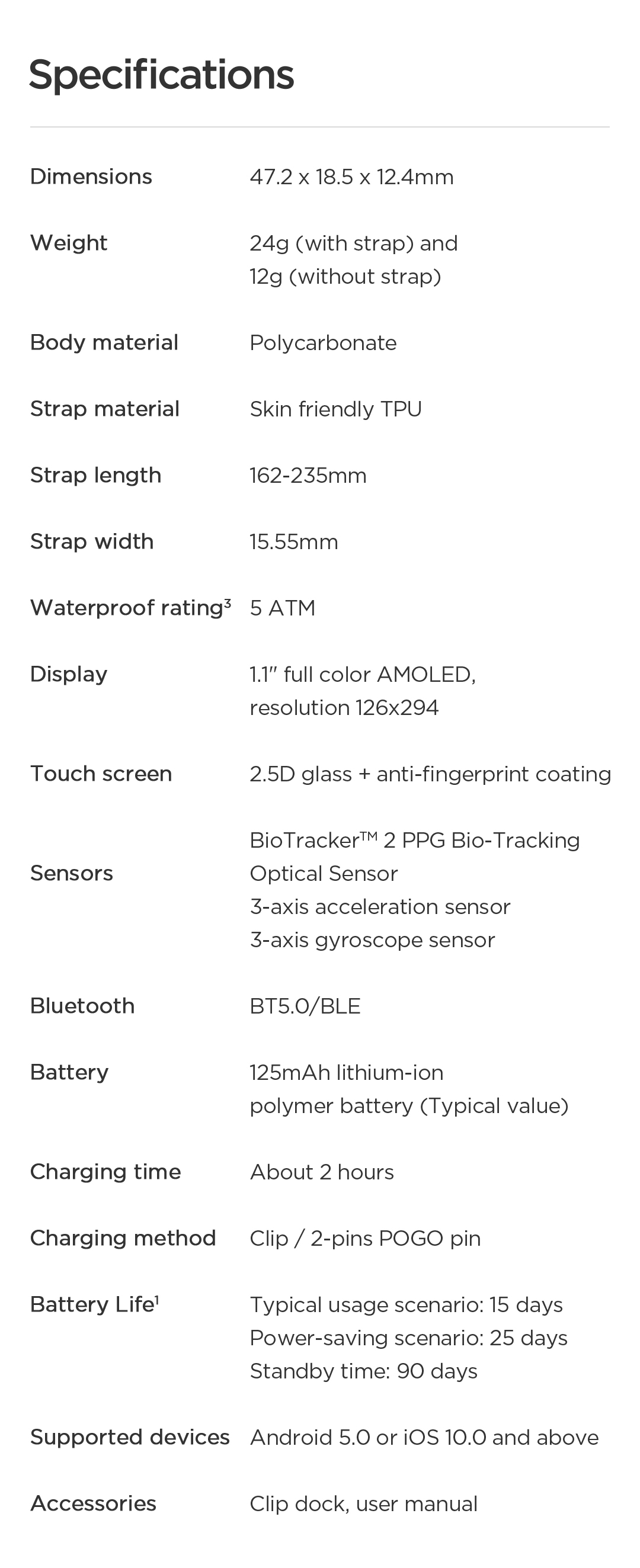 Amazfit Band 5 Product Specifications