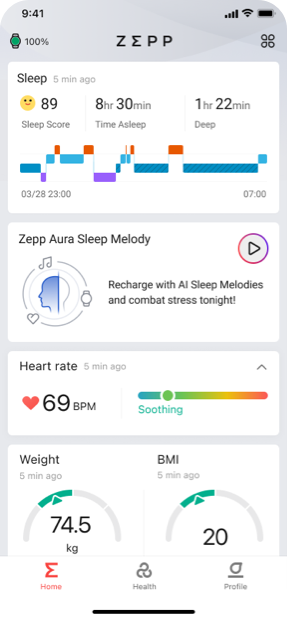 Zepp App Hompage - Health Tracking Information